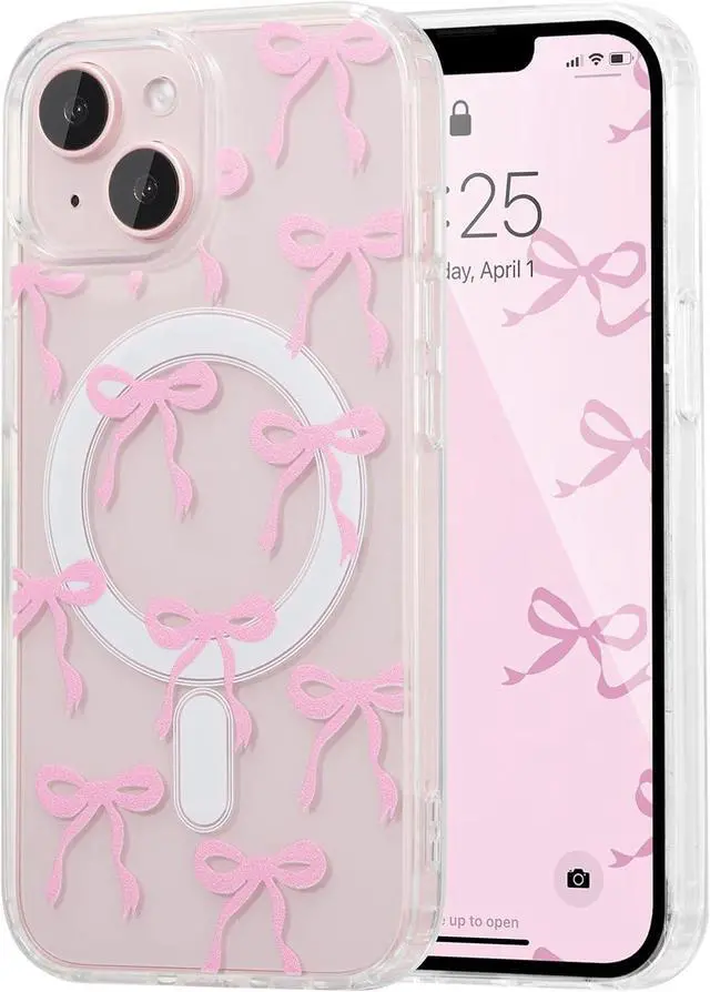 Main image of Magnetic for iPhone 15 Case Bow Case Compatible with MagSafe Wireless Slim Clear Ribbon Aesthetic Phone Cover Anti-Yellowing Shockproof Protective Cover for Women Girl - Pink