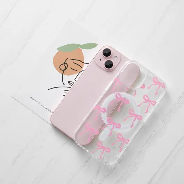 Alt view image 3 of 7 - Magnetic for iPhone 15 Case Bow Case Compatible with MagSafe Wireless Slim Clear Ribbon Aesthetic Phone Cover Anti-Yellowing Shockproof Protective Cover for Women Girl - Pink
