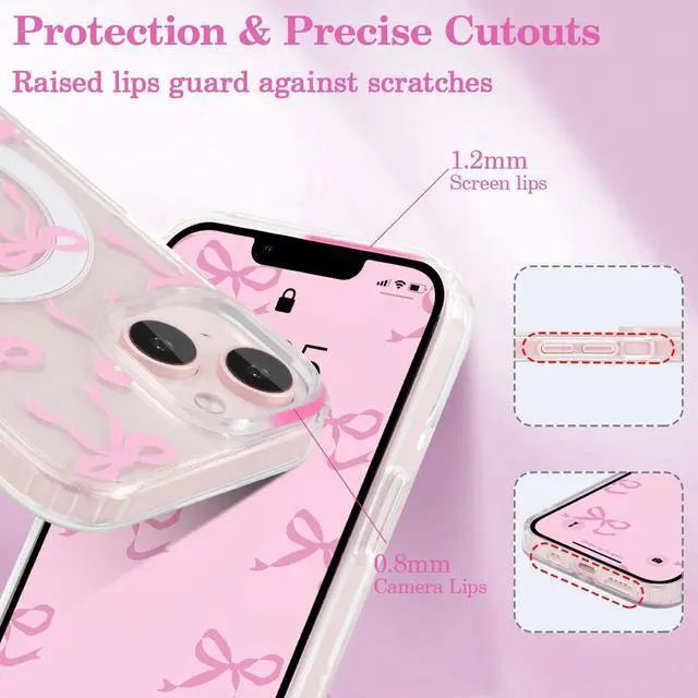 Alt view image 4 of 7 - Magnetic for iPhone 15 Case Bow Case Compatible with MagSafe Wireless Slim Clear Ribbon Aesthetic Phone Cover Anti-Yellowing Shockproof Protective Cover for Women Girl - Pink
