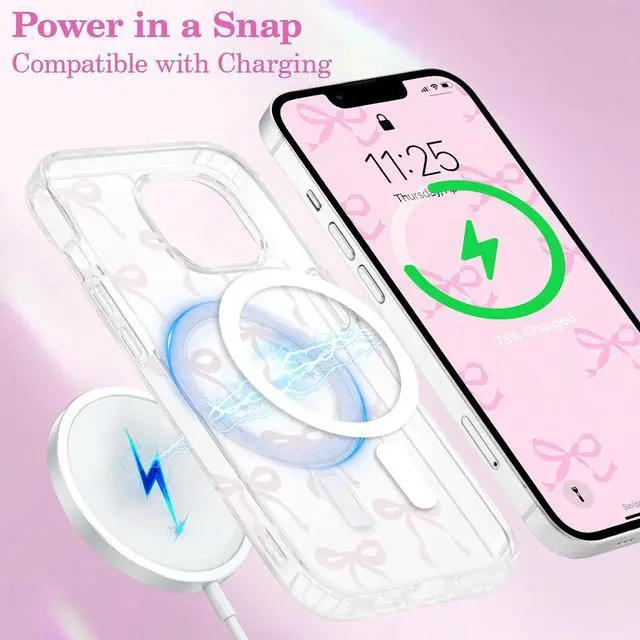 Alt view image 5 of 7 - Magnetic for iPhone 15 Case Bow Case Compatible with MagSafe Wireless Slim Clear Ribbon Aesthetic Phone Cover Anti-Yellowing Shockproof Protective Cover for Women Girl - Pink