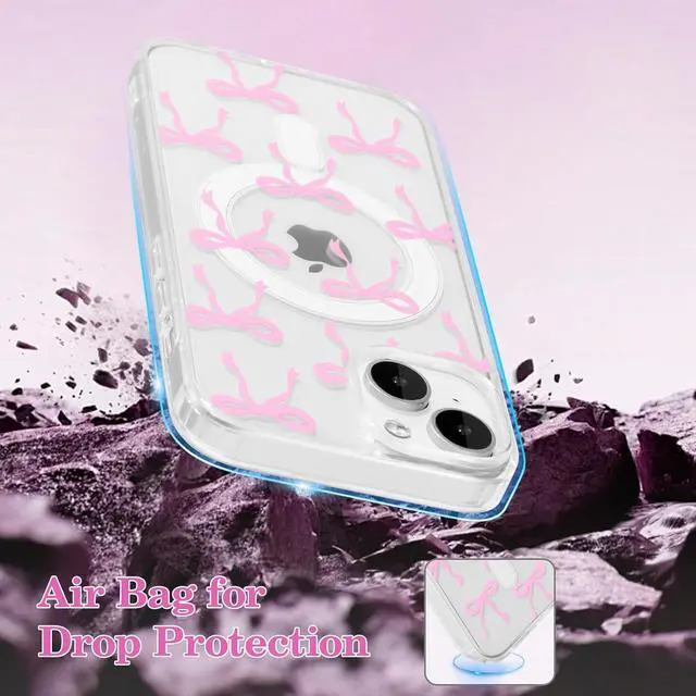 Alt view image 6 of 7 - Magnetic for iPhone 15 Case Bow Case Compatible with MagSafe Wireless Slim Clear Ribbon Aesthetic Phone Cover Anti-Yellowing Shockproof Protective Cover for Women Girl - Pink