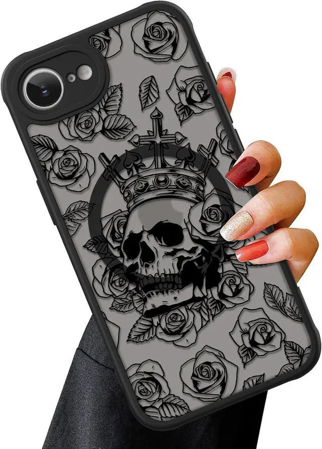 Main image of Magnetic for iPhone 16e Case [Compatible with MagSafe] Black Skull Flower Slim Translucent Matte Case for iPhone 16e Case Camera Lens Protection Cover Skull Flower (6.1)