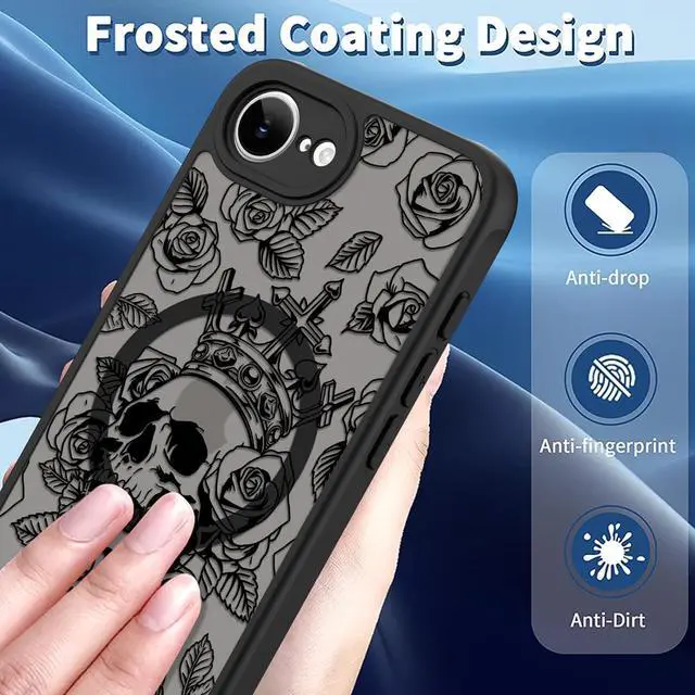 Alt view image 2 of 6 - Magnetic for iPhone 16e Case [Compatible with MagSafe] Black Skull Flower Slim Translucent Matte Case for iPhone 16e Case Camera Lens Protection Cover Skull Flower (6.1)