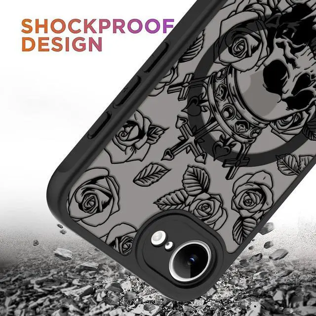 Alt view image 3 of 6 - Magnetic for iPhone 16e Case [Compatible with MagSafe] Black Skull Flower Slim Translucent Matte Case for iPhone 16e Case Camera Lens Protection Cover Skull Flower (6.1)