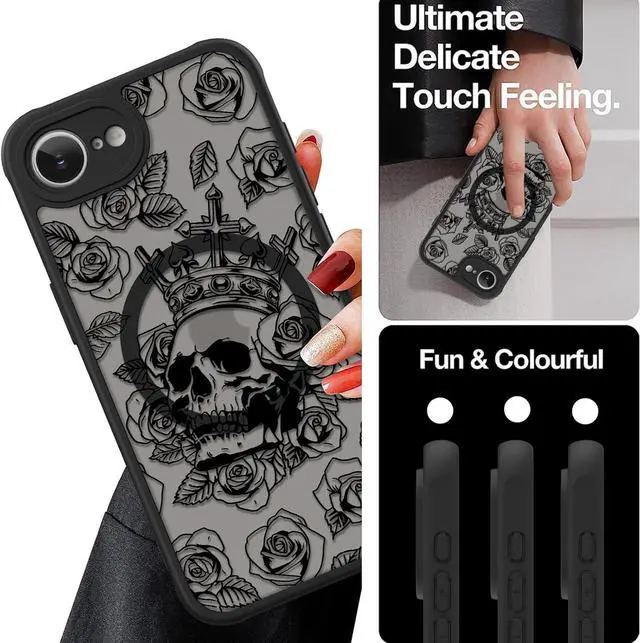 Alt view image 6 of 6 - Magnetic for iPhone 16e Case [Compatible with MagSafe] Black Skull Flower Slim Translucent Matte Case for iPhone 16e Case Camera Lens Protection Cover Skull Flower (6.1)