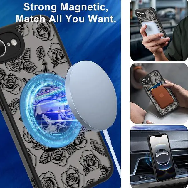 Alt view image 5 of 6 - Magnetic for iPhone 16e Case [Compatible with MagSafe] Black Skull Flower Slim Translucent Matte Case for iPhone 16e Case Camera Lens Protection Cover Skull Flower (6.1)