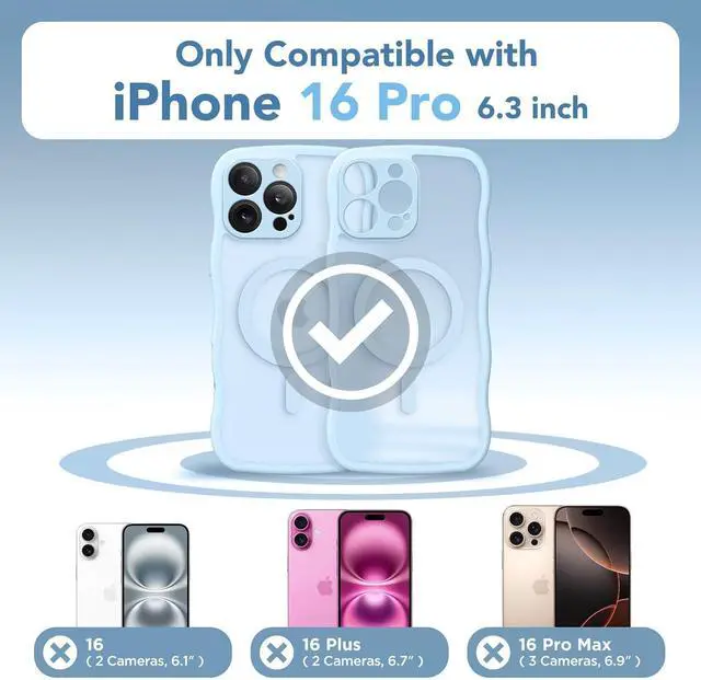 Alt view image 2 of 7 - for iPhone 16 Pro Case for Women Girls Upgraded [Full Camera Protection] [Compatible with MagSafe] Cute Wave Translucent Matte Phone Case for iPhone 16 Pro Light Blue