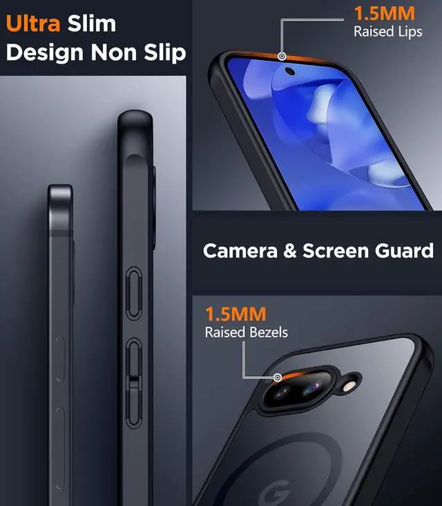 Alt view image 4 of 7 - Magnetic for Google Pixel 9A Case Military Grade Drop Protection Slim Translucent Matte Shockproof Anti-Fingerprint Phone Case for Pixel 9A Black