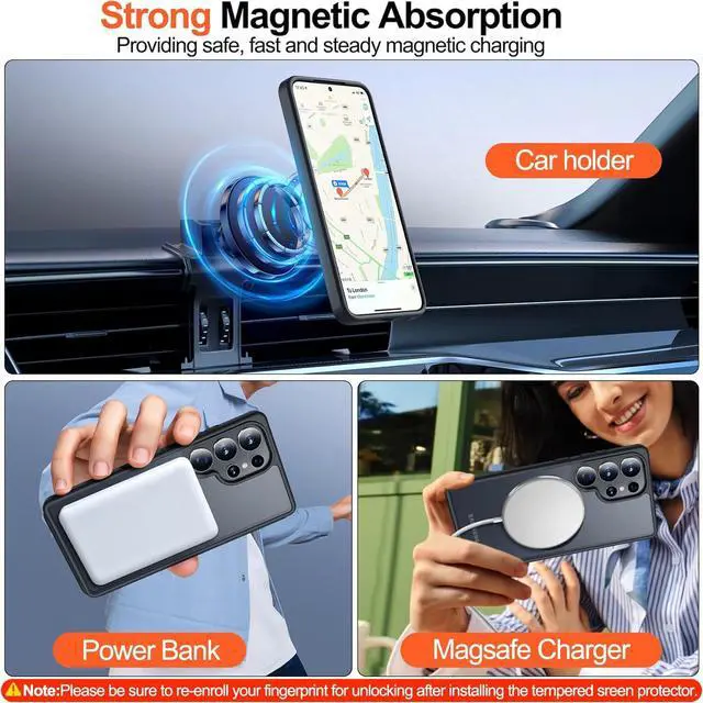 Alt view image 6 of 7 - for  Galaxy S25 Ultra Case with Magnetic [Compatible with MagSafe][12Ft Military Dropproof][2*Screen Protector] Translucent Anti-Slip Back Slim Shockproof Case for S25 Ultra-Black