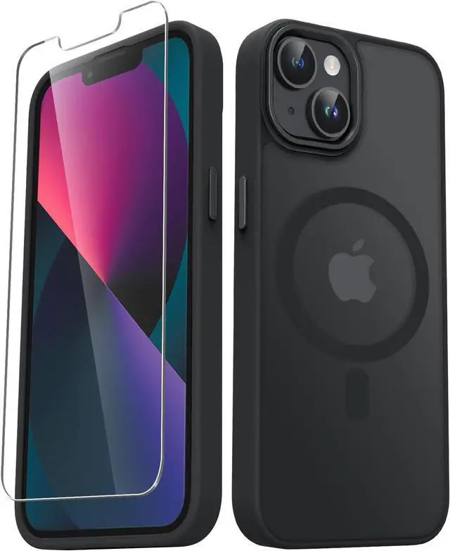 Main image of for iPhone 14 Case iPhone 13 Case with 1 Screen Protector Matte Magnetic Slim Phone Cover Support for Magsafe Shockproof Protection Translucent Frosted Back Black