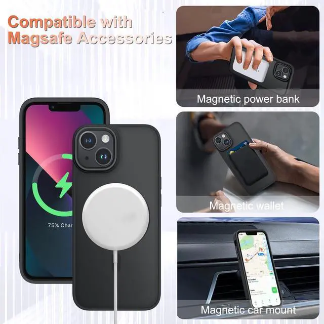 Alt view image 3 of 7 - for iPhone 14 Case iPhone 13 Case with 1 Screen Protector Matte Magnetic Slim Phone Cover Support for Magsafe Shockproof Protection Translucent Frosted Back Black