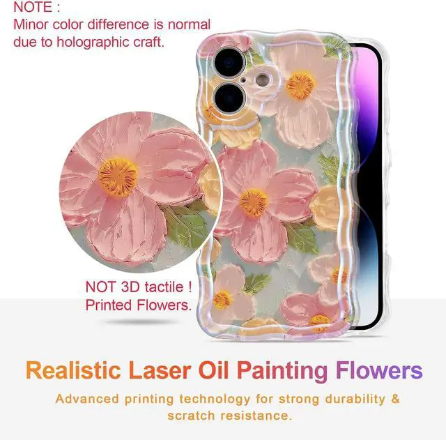 Alt view image 2 of 7 - Case for iPhone 16 Colorful Retro Oil Painting Printed Flower Laser Glossy Pattern Cute Curly Wave Edge Exquisite Phone Cover Stylish Durable TPU Protective Case for Girl Women-Green