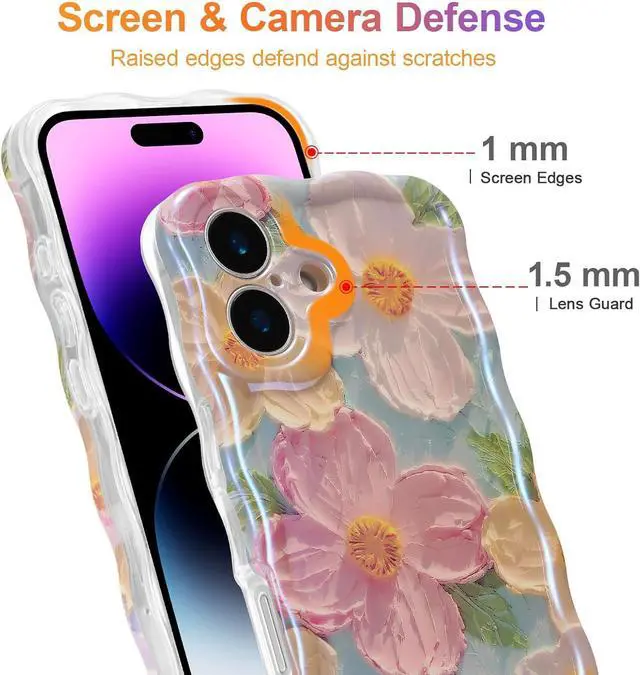 Alt view image 4 of 7 - Case for iPhone 16 Colorful Retro Oil Painting Printed Flower Laser Glossy Pattern Cute Curly Wave Edge Exquisite Phone Cover Stylish Durable TPU Protective Case for Girl Women-Green