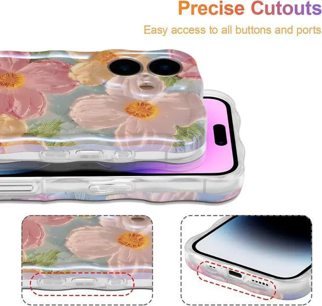 Alt view image 5 of 7 - Case for iPhone 16 Colorful Retro Oil Painting Printed Flower Laser Glossy Pattern Cute Curly Wave Edge Exquisite Phone Cover Stylish Durable TPU Protective Case for Girl Women-Green