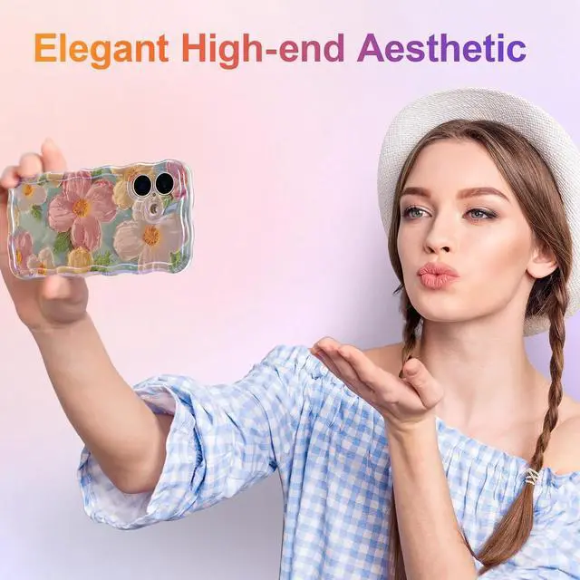 Alt view image 7 of 7 - Case for iPhone 16 Colorful Retro Oil Painting Printed Flower Laser Glossy Pattern Cute Curly Wave Edge Exquisite Phone Cover Stylish Durable TPU Protective Case for Girl Women-Green