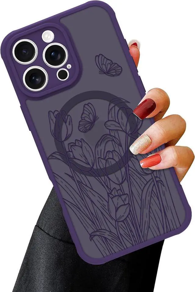 Main image of Magnetic Case for iPhone 16 Pro [MagSafe Compatible] Purple Wild Flower Slim Translucent Matte Case with Camera Lens Protection Small Flowers (6.3)