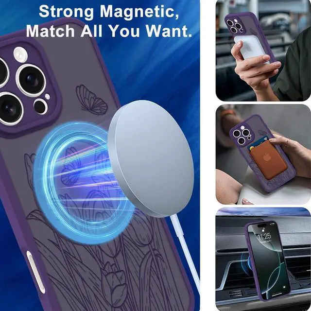 Alt view image 5 of 6 - Magnetic Case for iPhone 16 Pro [MagSafe Compatible] Purple Wild Flower Slim Translucent Matte Case with Camera Lens Protection Small Flowers (6.3)
