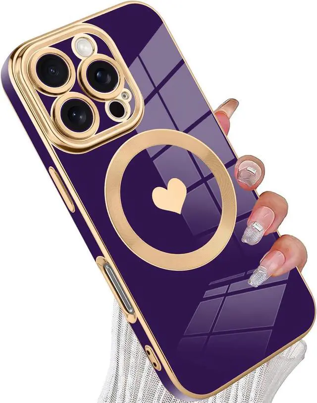 Main image of Magnetic for iPhone 16 Pro Max [Magsafe Compatible] Cute Love Luxury Plating Edge Bumper with Full Camera Lens Purple (6.9)