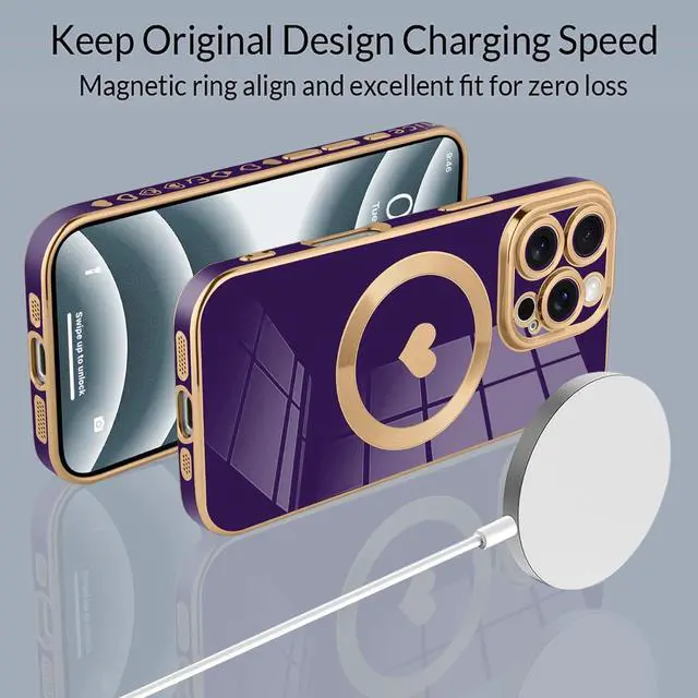 Alt view image 2 of 6 - Magnetic for iPhone 16 Pro Max [Magsafe Compatible] Cute Love Luxury Plating Edge Bumper with Full Camera Lens Purple (6.9)