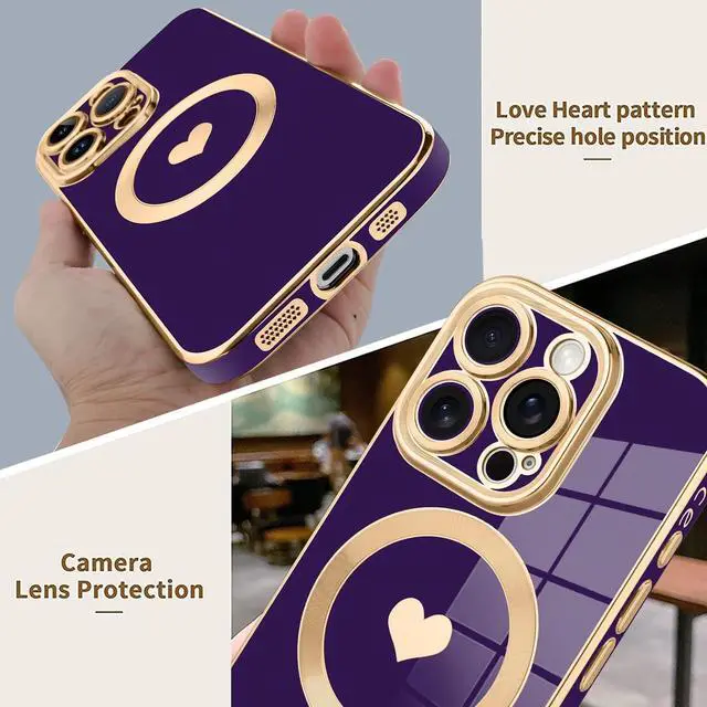 Alt view image 5 of 6 - Magnetic for iPhone 16 Pro Max [Magsafe Compatible] Cute Love Luxury Plating Edge Bumper with Full Camera Lens Purple (6.9)