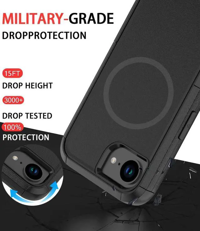 Alt view image 3 of 7 - for iPhone 16e Case [Compatible with MagSafe] [Shockproof] [Dropproof] [with Screen Protector ] Heavy Duty Protection Phone Case Cover for  iPhone 16e 2025 6.1 inch (Black)
