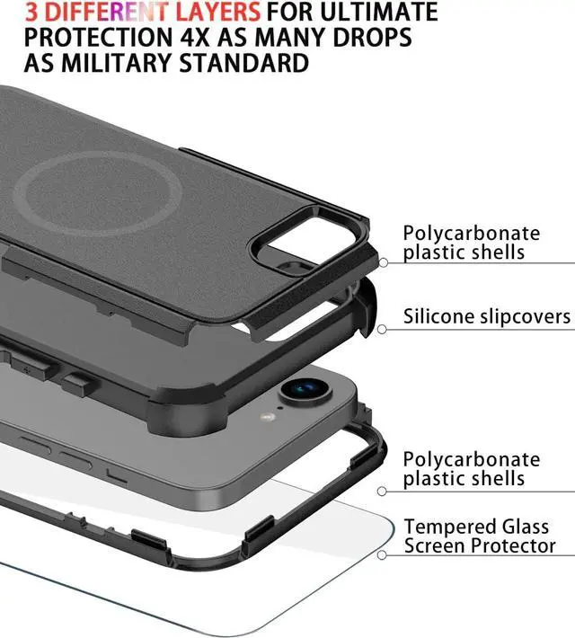 Alt view image 6 of 7 - for iPhone 16e Case [Compatible with MagSafe] [Shockproof] [Dropproof] [with Screen Protector ] Heavy Duty Protection Phone Case Cover for  iPhone 16e 2025 6.1 inch (Black)