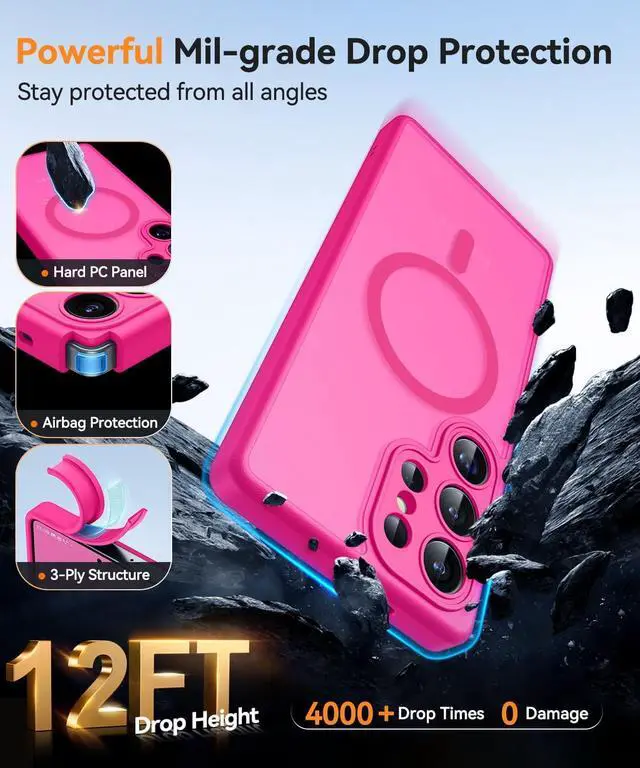 Alt view image 6 of 7 - Designed for  Galaxy S25 Ultra Case (2025) [Full Camera Protection] [Compatible with Magsafe] Translucent Matte Back Protective Phone Cover Hot Pink