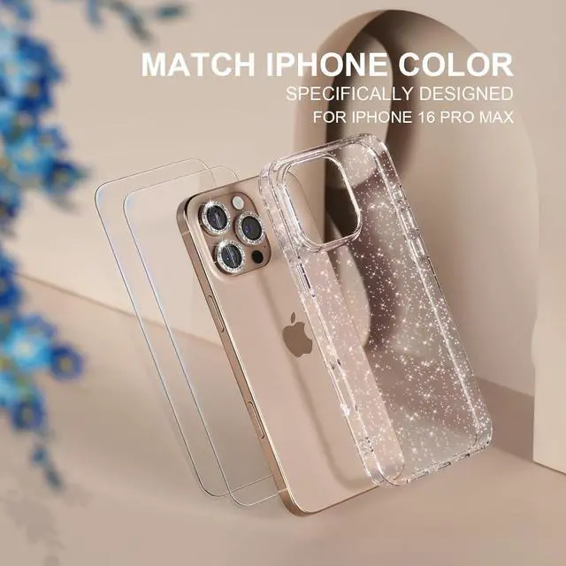 Alt view image 2 of 7 - Compatible for iPhone 16 Pro Max Case Women Cute Clear Glitter Bling Sparkly Case [3 x Diamond Camera Lens Protectors] [2 x Tempered Glass Screen Protectors] 6.9-inch (Glitter Clear)