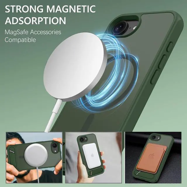 Alt view image 2 of 7 - for iPhone 16e Case Compatible with MagSafe Translucent iPhone 16e Case with Metal Kickstand Military-Grade Protection Deep Green