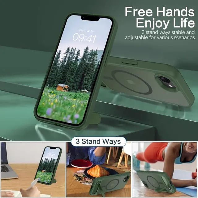 Alt view image 4 of 7 - for iPhone 16e Case Compatible with MagSafe Translucent iPhone 16e Case with Metal Kickstand Military-Grade Protection Deep Green