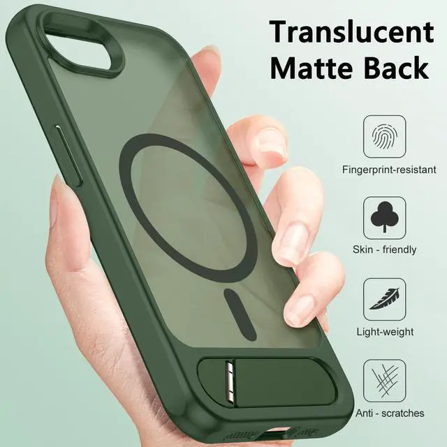 Alt view image 5 of 7 - for iPhone 16e Case Compatible with MagSafe Translucent iPhone 16e Case with Metal Kickstand Military-Grade Protection Deep Green