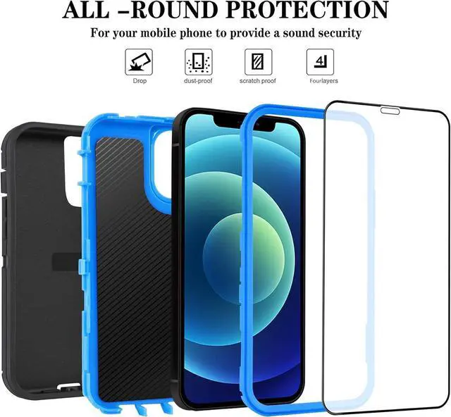 Alt view image 3 of 6 - for iPhone 12/for iPhone 12 Pro Case 6.1 with 2 Screen Protector Full Body Rugged Heavy Duty Military Grade Cover Shockproof/Drop Proof Protection Phone Case (Black Blue)