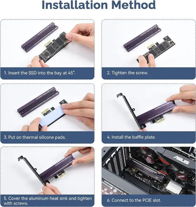 Alt view image 4 of 7 - PCIe NVMe Adapter with Aluminum Heatsink M.2 PCIe Adapter Supports PCI-Express X1 X4 X8 X16 Slots NVMe PCIe Card Low Profile Bracket Max 4TB Support 2230 2242 2260 2280 SSD