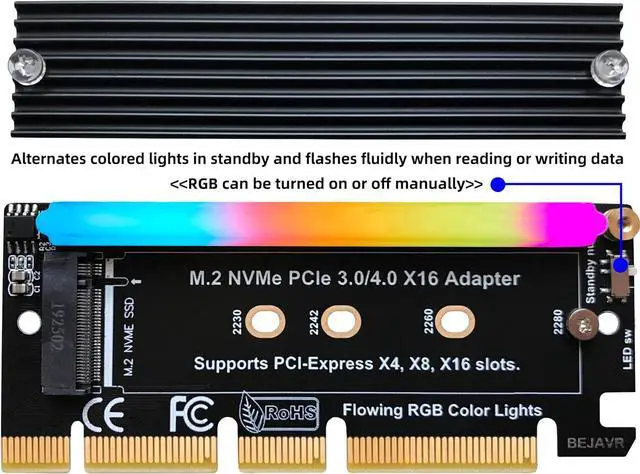 Alt view image 3 of 7 - M.2 PCIe NVMe Adapter SSD Expansion Card with RGB Light Bar and Aluminum Heatsink Solution Supports PCI-Express 3.0 4.0 and X4 X8 X16 Slots.