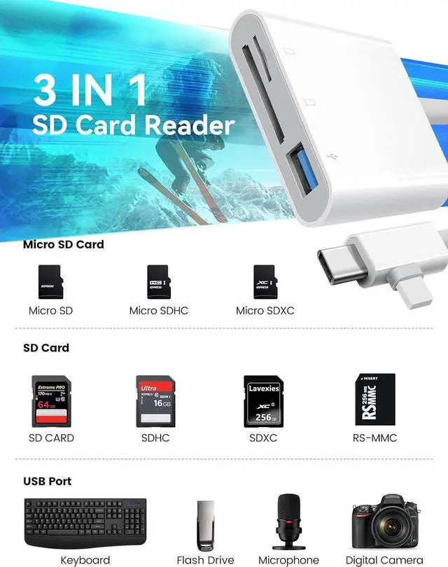 Alt view image 2 of 7 - SD Card Reader for iPhone USB C & Lightening Dual Connectors SD Card Adapter Plug&Play for microSD SD Cards or USB-A USB-C Trail Camera Memory Reader Supports iPhone 15 16 Mac MacBook iPad