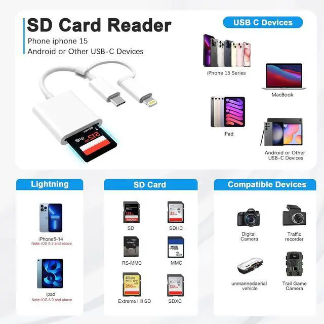 Alt view image 2 of 7 - SD Card Reader for iphone Dual and USB-C and Lightning Connector Memory SD Card Adapter Type C Memory Card Camera Reader for SD SDXC SDHC Compatible with iPhone iPad Trail Game Camera Plug and Play