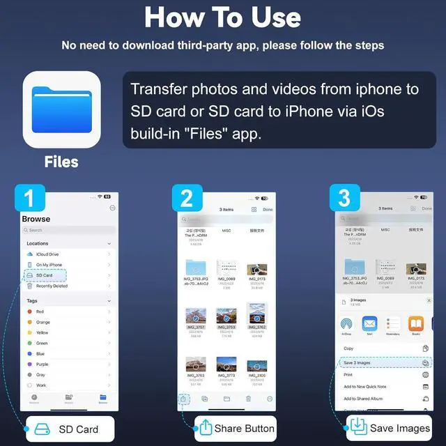 Alt view image 2 of 7 - SD Card Reader for iPhone 15/16/iPad/MacBook - USBC Dual Port Memory Card Reader Adapter Compatible with Canon/Nikon/Sony/Kodak Digital Cameras SD/MicroSD Plug & Play (No App Required)