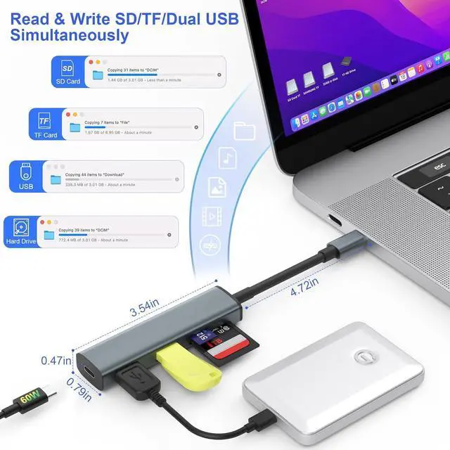 Alt view image 3 of 6 - USB C SD Card Reader Memory Card Reader with 60W PD Charger Adapter SD Card Adapter with SD/TF/USB 4 Ports for iPhone 15/16 iPad Pro MacBook Pro/Air iMac Android and More USB-C Devices