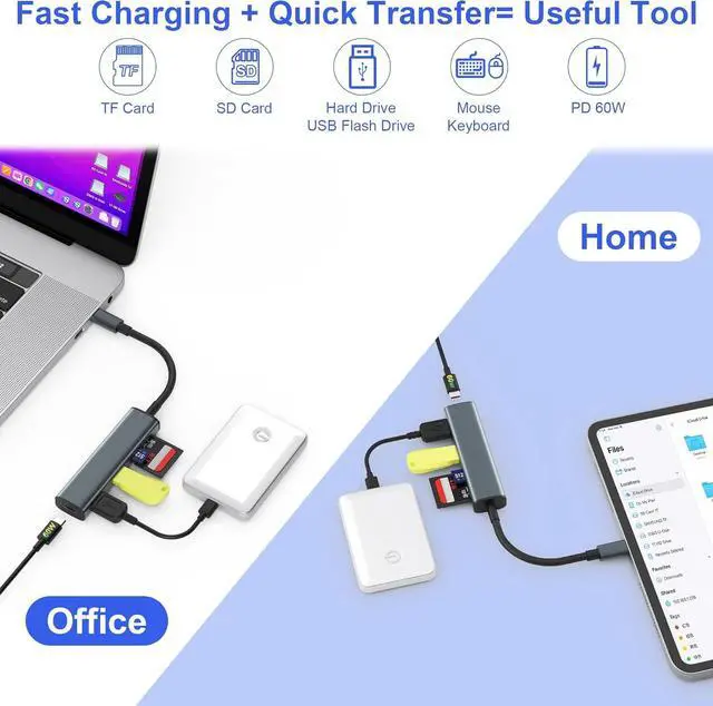 Alt view image 4 of 6 - USB C SD Card Reader Memory Card Reader with 60W PD Charger Adapter SD Card Adapter with SD/TF/USB 4 Ports for iPhone 15/16 iPad Pro MacBook Pro/Air iMac Android and More USB-C Devices