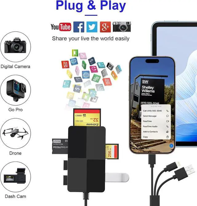 Alt view image 4 of 7 - Memory Stick Duo pro Adapter - 8 in 1 SD/TF/MS/CF/XD Card Reader with Extra 3 USB Ports Supports Micro SD/SDHC/XD Picture Card USB C Lightning OTG Adapter Multi Memory Card Reader for Computer/iPhone