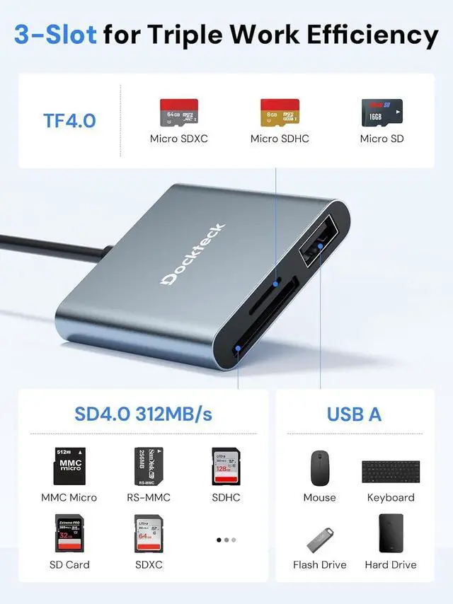 Alt view image 4 of 7 - Dockteck SD Card Reader Adapter 312MB/s SD4.0 Super Speed USB3.1 SD/TF Card Reader 3-Slot USBC to SD/Micro SD/USB A Memory Card Reader for UHS--SD/Micro SD/SDHC/SDXC/MMC with OTG for Plug&Play