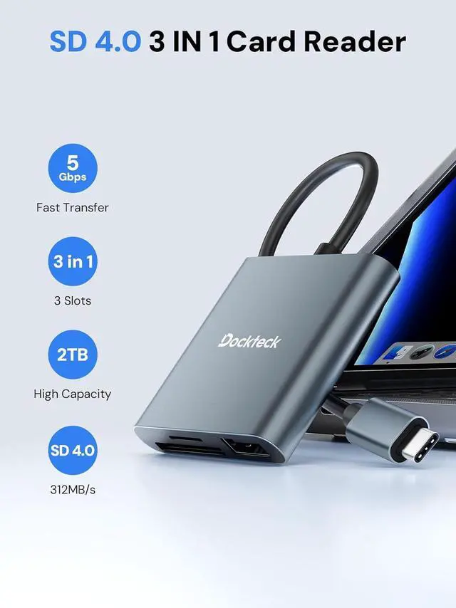 Alt view image 7 of 7 - Dockteck SD Card Reader Adapter 312MB/s SD4.0 Super Speed USB3.1 SD/TF Card Reader 3-Slot USBC to SD/Micro SD/USB A Memory Card Reader for UHS--SD/Micro SD/SDHC/SDXC/MMC with OTG for Plug&Play