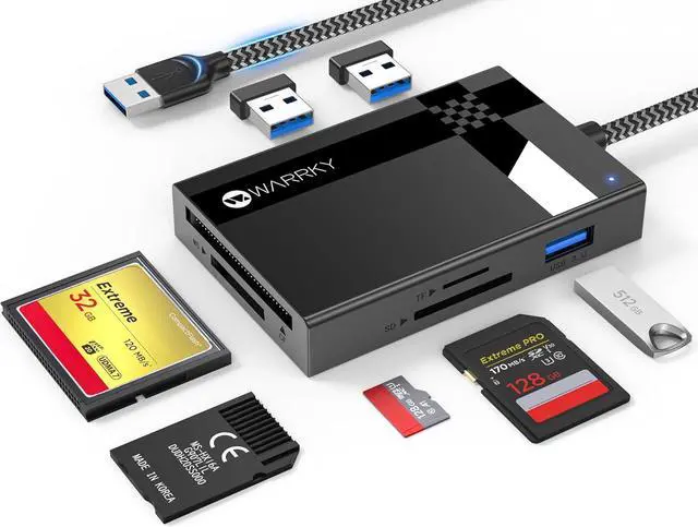 Main image of SD Card Reader USB 3.0 WARRKY [2.5FT Nylon Braided Extra USB 3.0 Ports 5Gbps] 7 in 1 Memory Card Reader Micro SD Card Adapter for microSD SDXC SDHC CF MS MMC Micro SDXC/SDHC UHS-I More