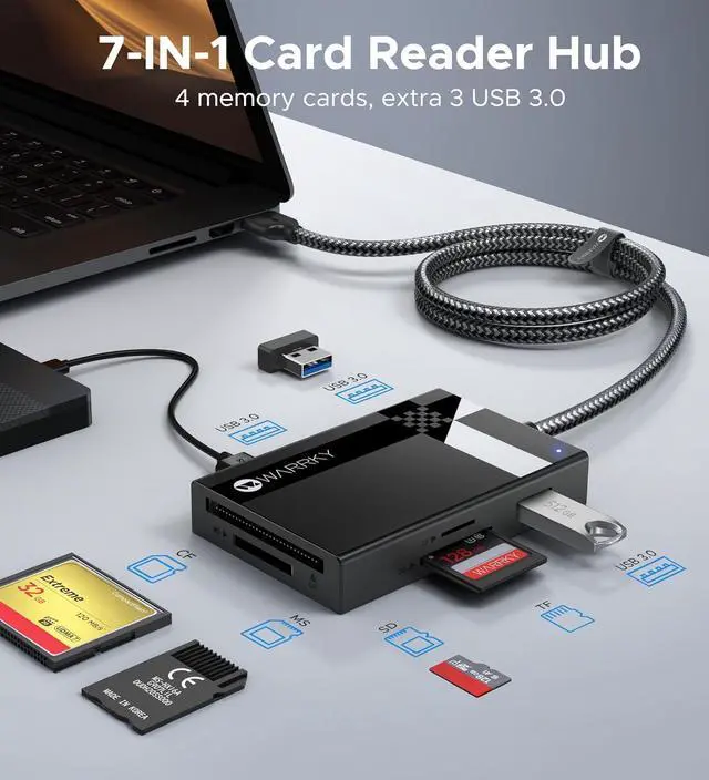 Alt view image 2 of 7 - SD Card Reader USB 3.0 WARRKY [2.5FT Nylon Braided Extra USB 3.0 Ports 5Gbps] 7 in 1 Memory Card Reader Micro SD Card Adapter for microSD SDXC SDHC CF MS MMC Micro SDXC/SDHC UHS-I More