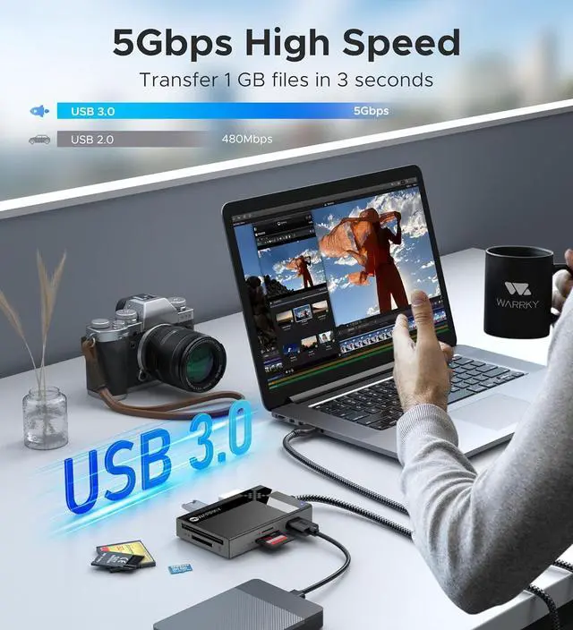 Alt view image 3 of 7 - SD Card Reader USB 3.0 WARRKY [2.5FT Nylon Braided Extra USB 3.0 Ports 5Gbps] 7 in 1 Memory Card Reader Micro SD Card Adapter for microSD SDXC SDHC CF MS MMC Micro SDXC/SDHC UHS-I More