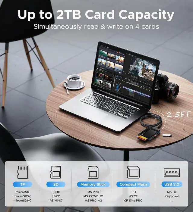 Alt view image 4 of 7 - SD Card Reader USB 3.0 WARRKY [2.5FT Nylon Braided Extra USB 3.0 Ports 5Gbps] 7 in 1 Memory Card Reader Micro SD Card Adapter for microSD SDXC SDHC CF MS MMC Micro SDXC/SDHC UHS-I More