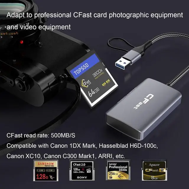 Alt view image 2 of 7 - CFast Card Reader 3 in 2 SD/TF CFast 2.0 Memory Card Reader USB 3.2 Cable Compatible with Windows/Mac/Linux/Android (3 in 2)
