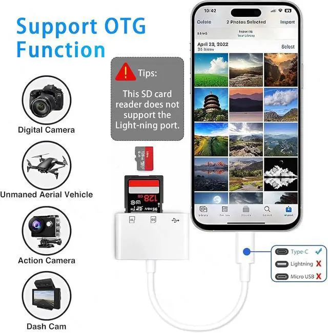 Alt view image 2 of 7 - USB C to SD Card Reader SD Card Adapter with SD/MicroSD USB 3 Ports USBC Memory Card Reader for iPhone 15/16 Pro Max iPad Pro/Air/Mini Mac MacBook Pro/Air and More USB-C/Type C Devices