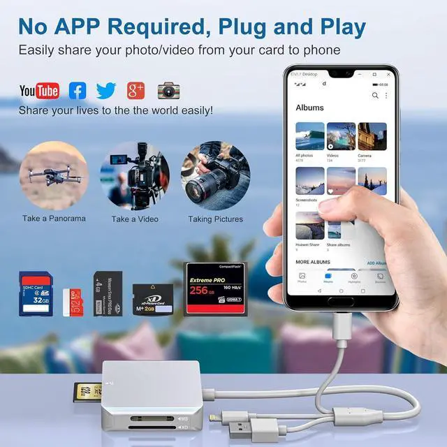 Alt view image 5 of 7 - Memory Stick Pro Duo Adapter for iPhone - 5 in 1 SD/TF/MS/CF/XD Card Reader for PC/Android/Lightning Device Aluminum Multi Memory Card Reader USB C Lightning OTG Compact Flash Card Reader