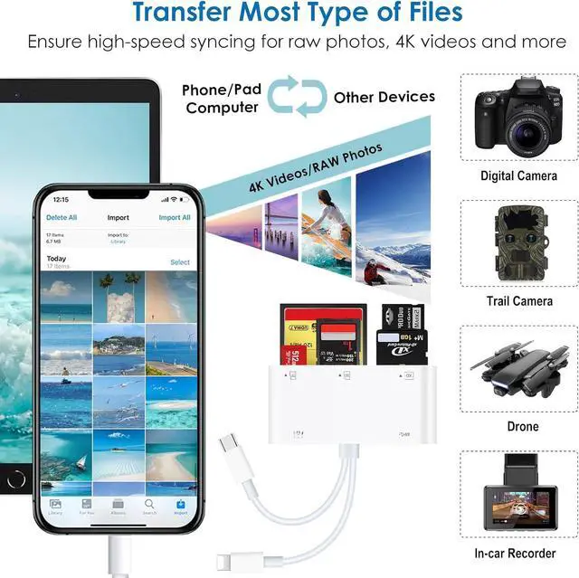 Alt view image 5 of 7 - 9-in-1 Memory Card Reader Universal Card Reader for iPhone/iPad CF/SD/MicroSD/MS/XD Card Reader & USB OTG Adapter with USB/USB-C/Lightening Connector for iPhone 16/iPad Pro/ Galaxy/MacBook etc